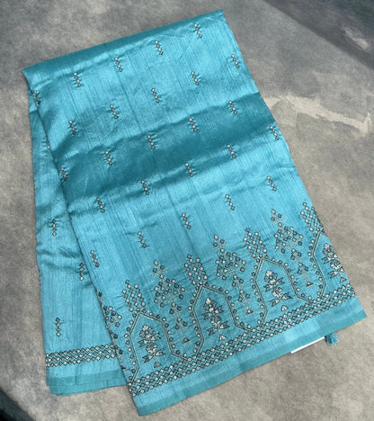 Sky Blue Tussar Saree with Geometric Border