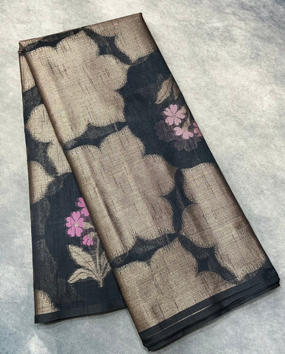 Black Colour Chanderi Silk Saree, Borderless