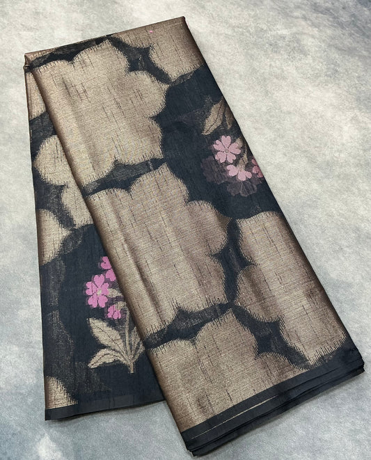 Black Colour Chanderi Silk Saree, Borderless