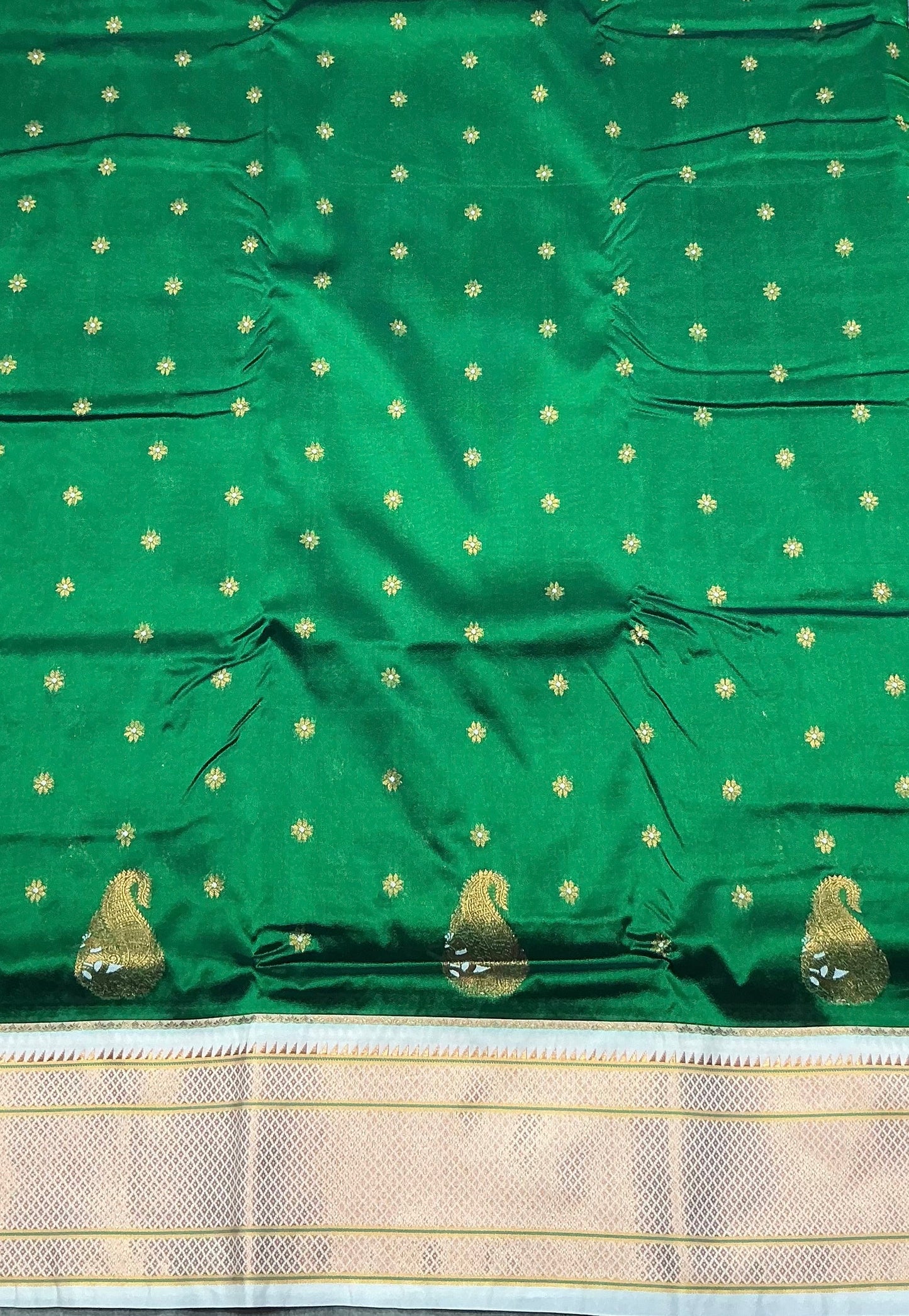 Emerald Green Vegan Silk Paithani Saree with Copper Zari