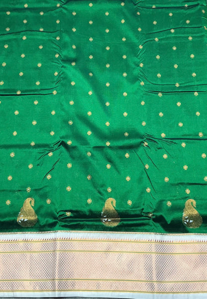 Emerald Green Vegan Silk Paithani Saree with Copper Zari