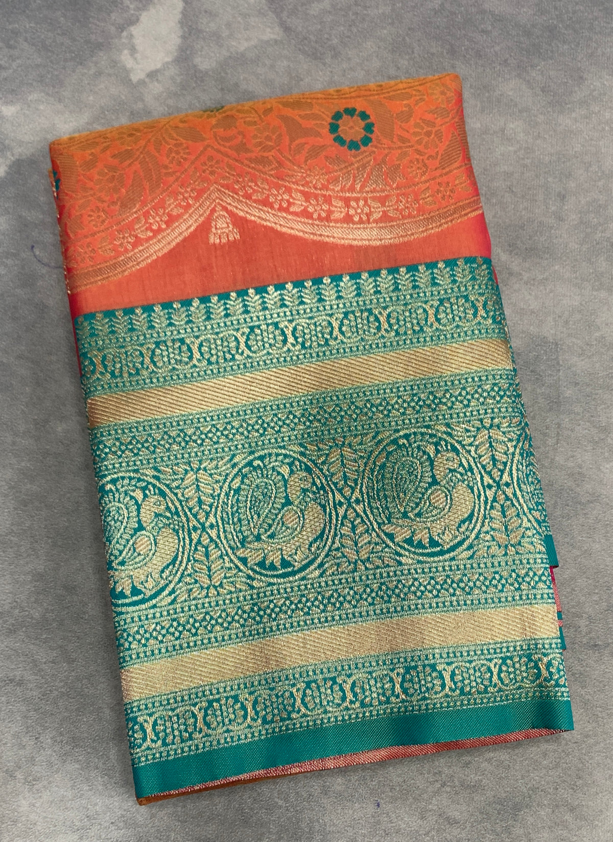 Orange Colour Satin Saree with Green Colour Ikat Border