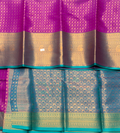 Kanchi Style Art Silk Saree – Magenta with Blue Border and 1000 Butta