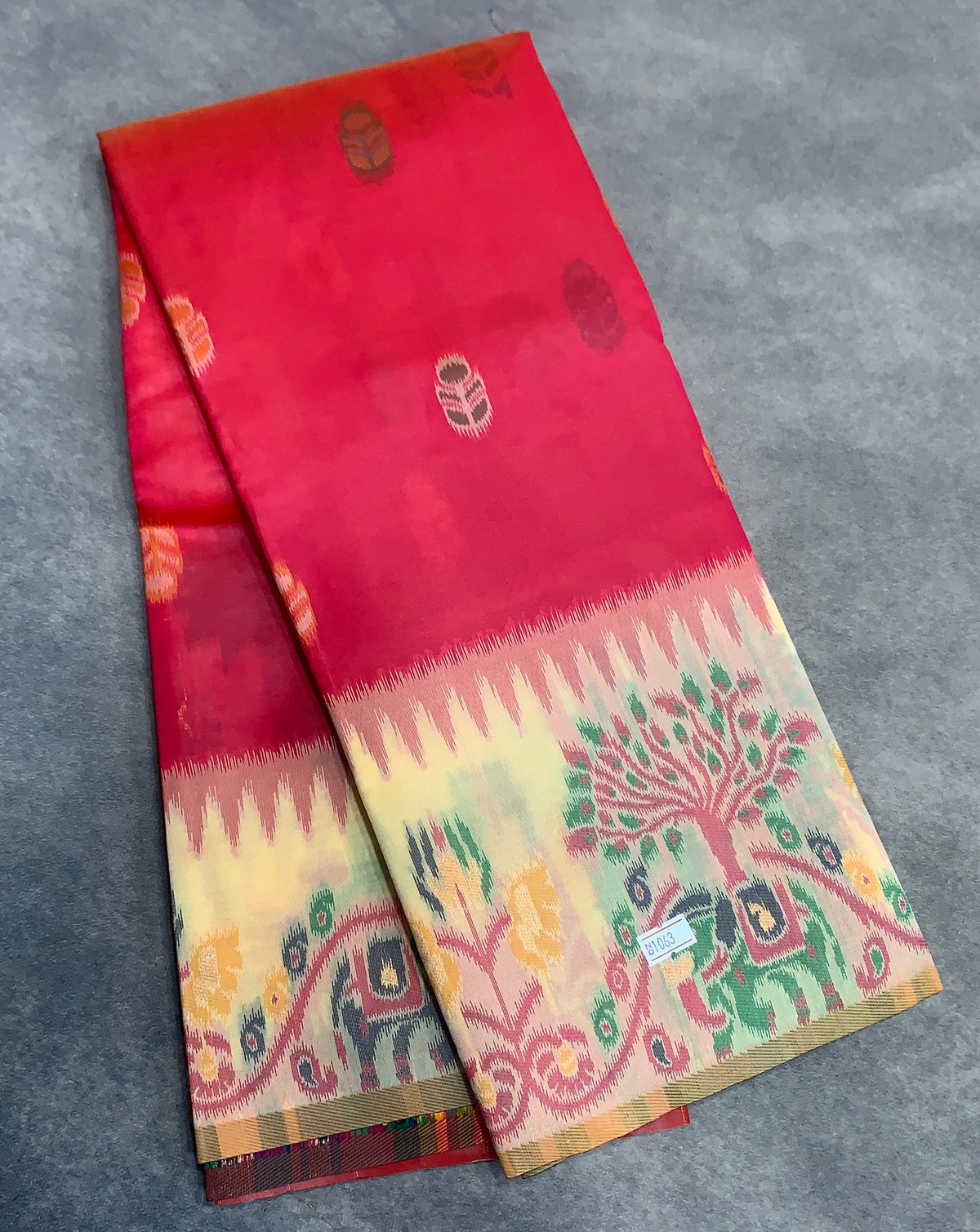Red Colour Satin Saree with Lemon Yellow Colour Ikat Border