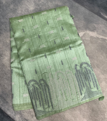 Pista Green Tussar Saree with Embroidery Work Border