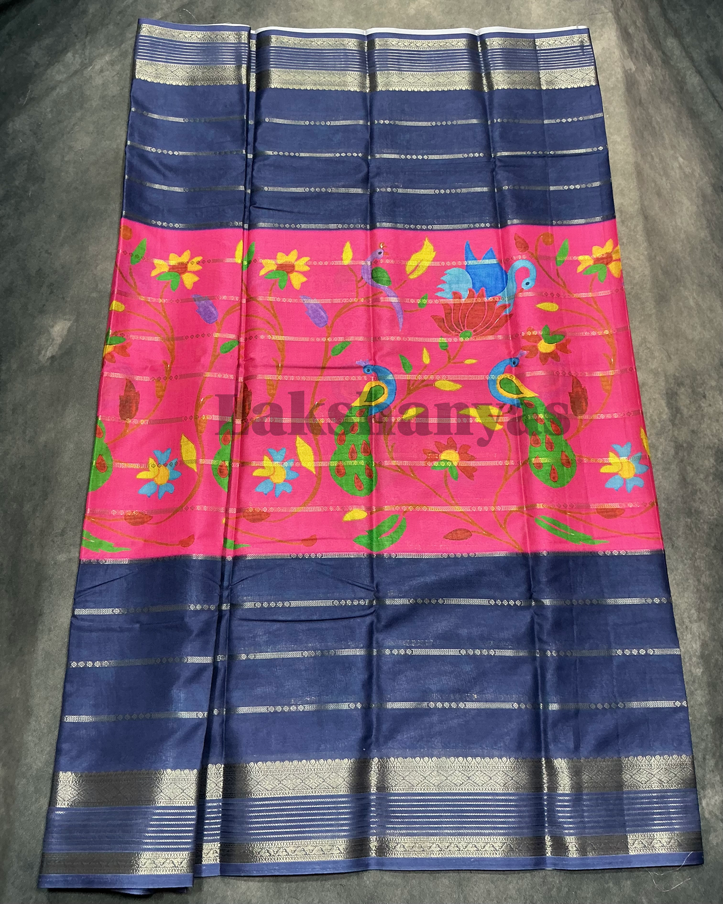 Pink & Blue Peacock Printed Mysore Crepe Saree