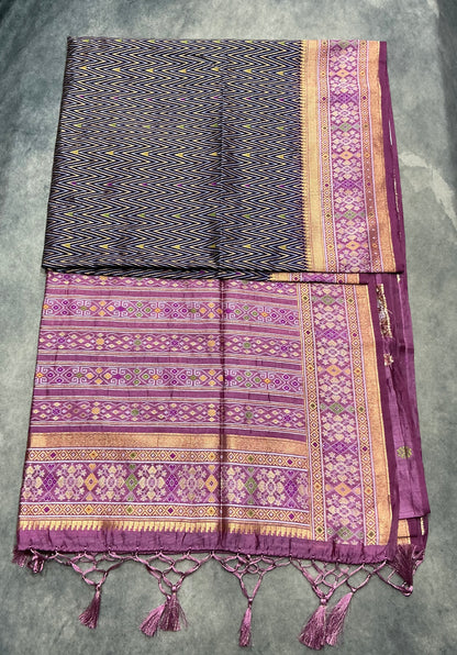 Indigo Navy Ikat Vegan Silk saree with Contrast Lavender purple Color border