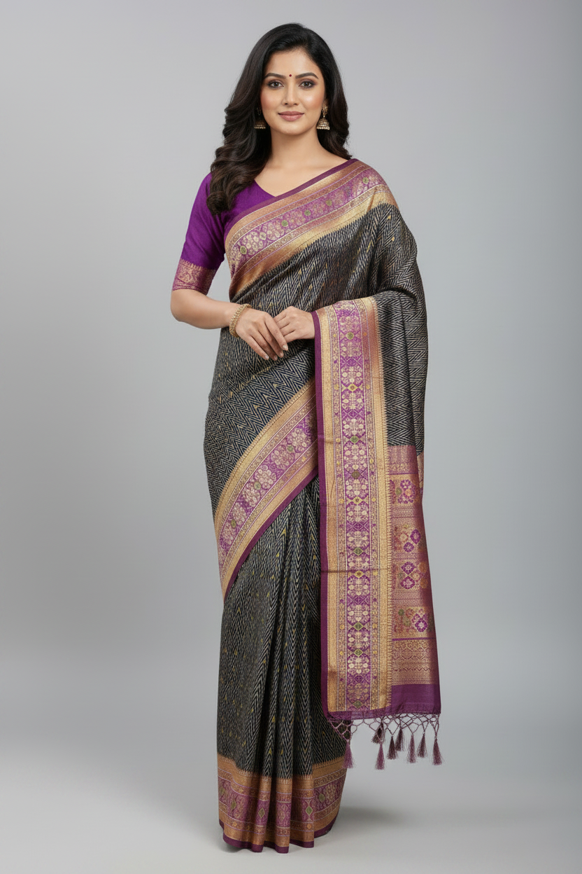 Indigo Navy Ikat Vegan Silk saree with Contrast Lavender purple Color border