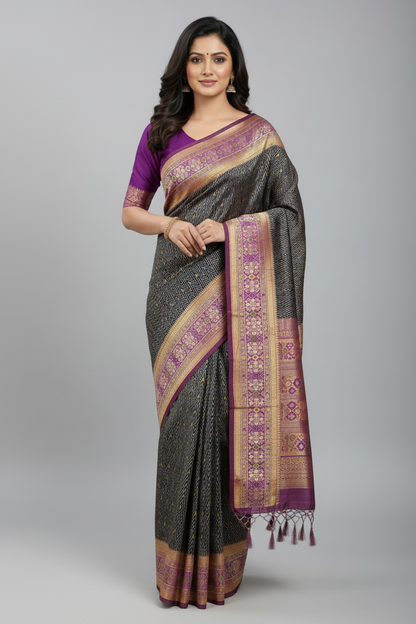 Indigo Navy Ikat Vegan Silk saree with Contrast Lavender purple Color border