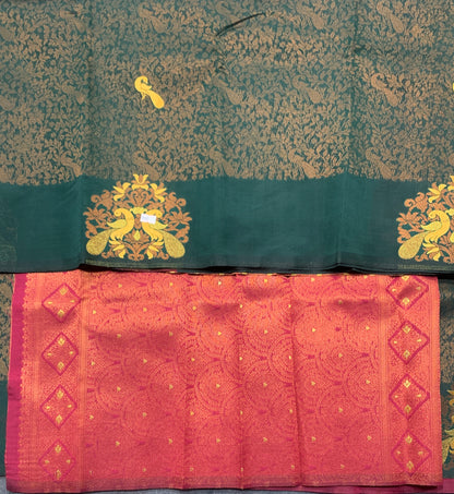 Green Colour Semi Silk Saree with Peacock Motif