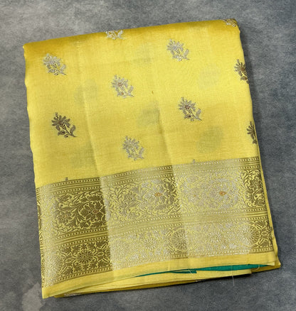 Semi Tussar Silk Saree Yellow Colour with Silver Zari Border