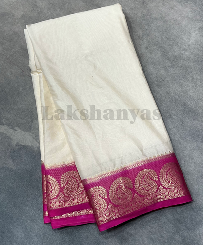 Ivory Colour Mysore Crepe Saree with Pink Mango Border