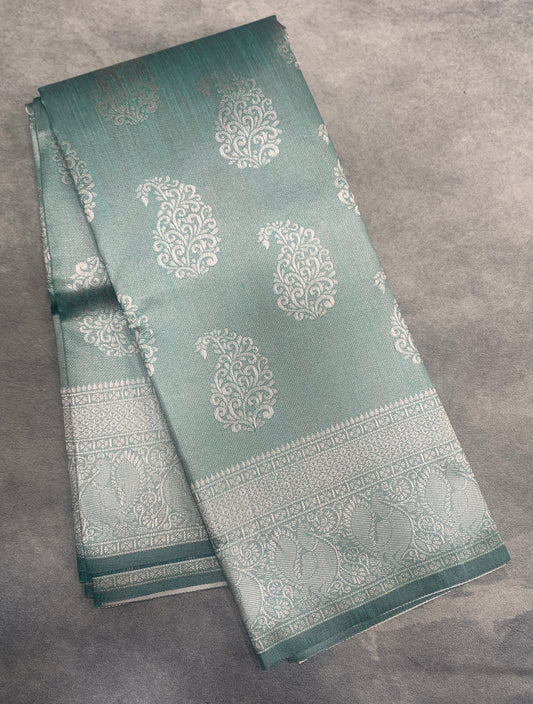 Sea Green Colour Semi Jute Silk Saree with Silver Zari Border