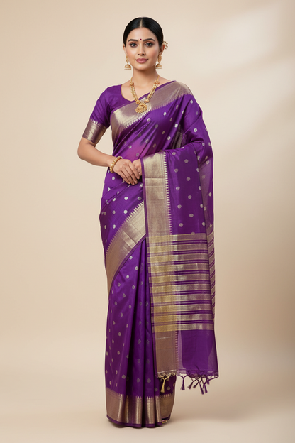 Semi Banarasi Saree Violet Color with Zari Border