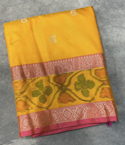 Mango Yellow Colour Soft Silk Saree with Pink Colour Ikat Border