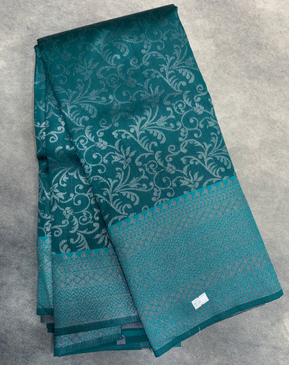 Rama Green Colour Semi Silk Saree with Black Meenakari Work