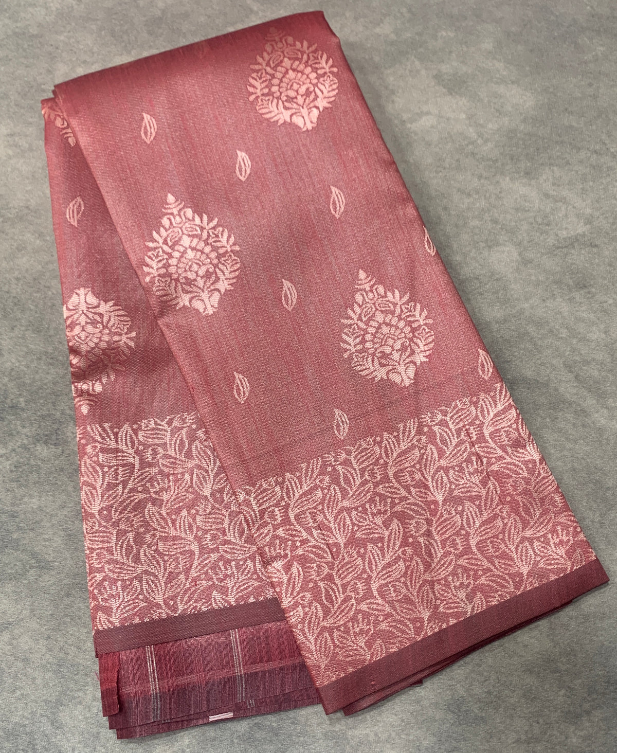 Dusty Rose Pink Colour Semi Jute Silk Saree with Silver Zari Border