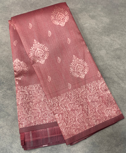 Dusty Rose Pink Colour Semi Jute Silk Saree with Silver Zari Border