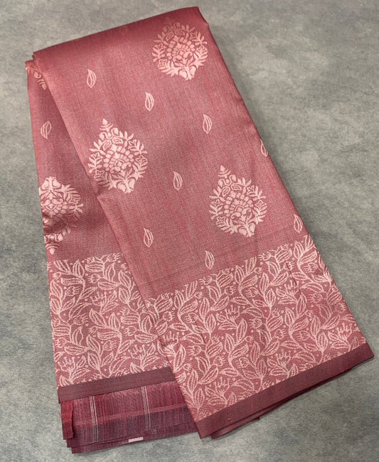 Dusty Rose Pink Colour Semi Jute Silk Saree with Silver Zari Border