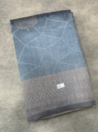 Jute Silk Saree – Grey with Leaf Butta and Zari Border