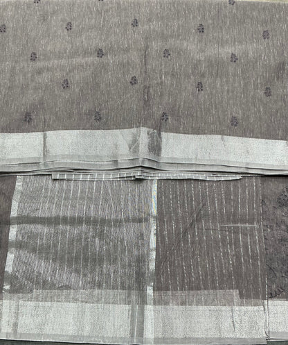 Silk Cotton Saree Gray Color with Silver Zari Border