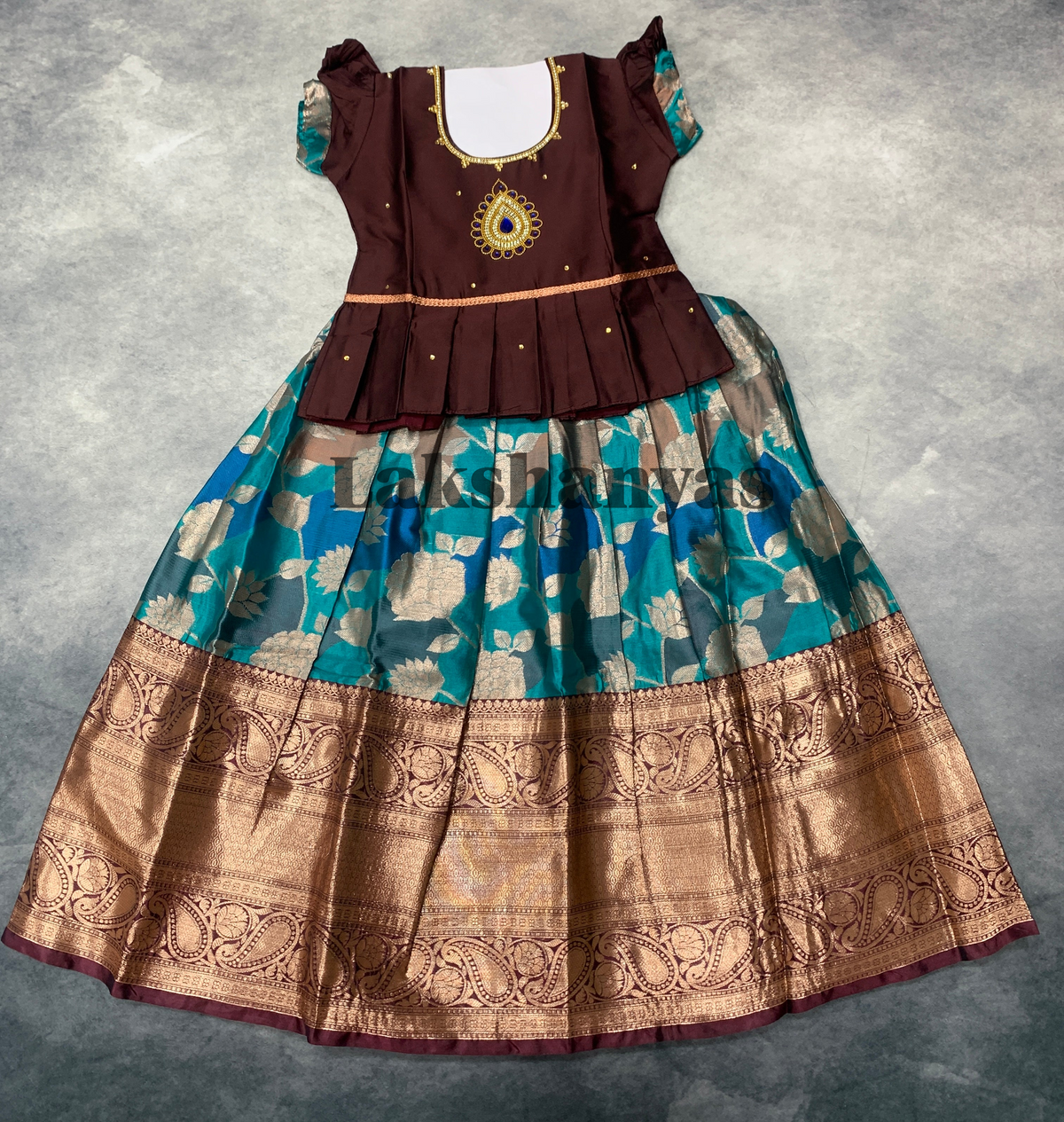 Ready To Wear Pavadai Sky Blue Color with Brown Color Blouse
