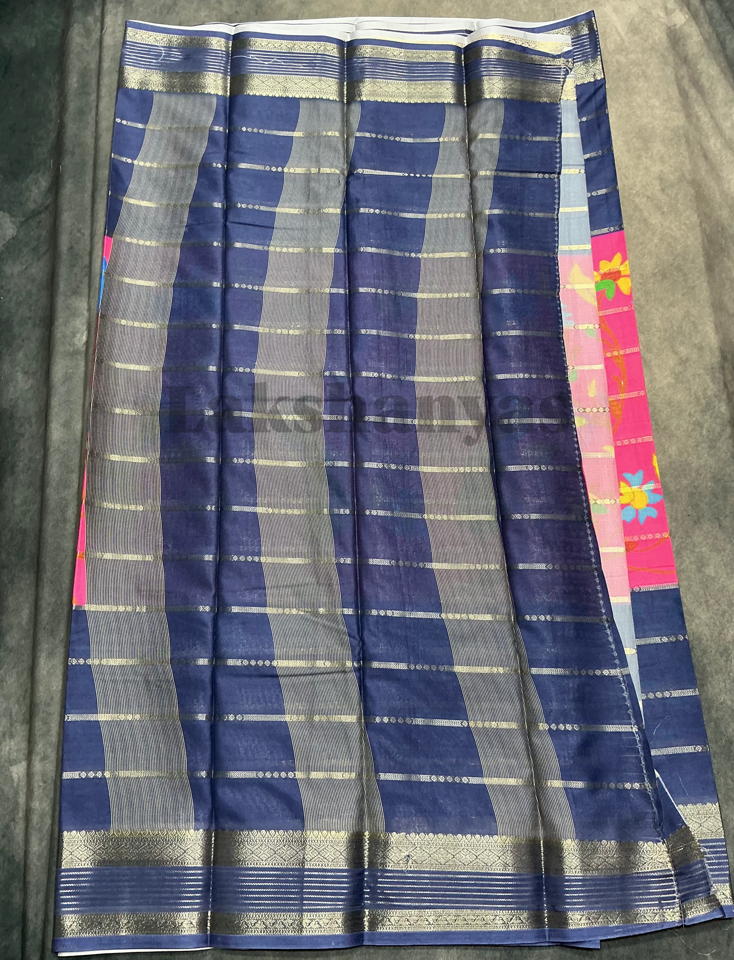Pink & Blue Peacock Printed Mysore Crepe Saree