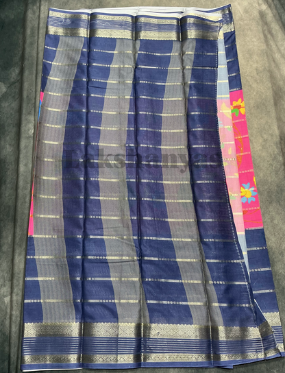 Pink & Blue Peacock Printed Mysore Crepe Saree