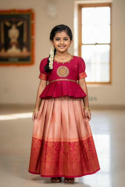 Ready To Wear Pavadai Peachish Pink Color with Dark Pink Color Blouse