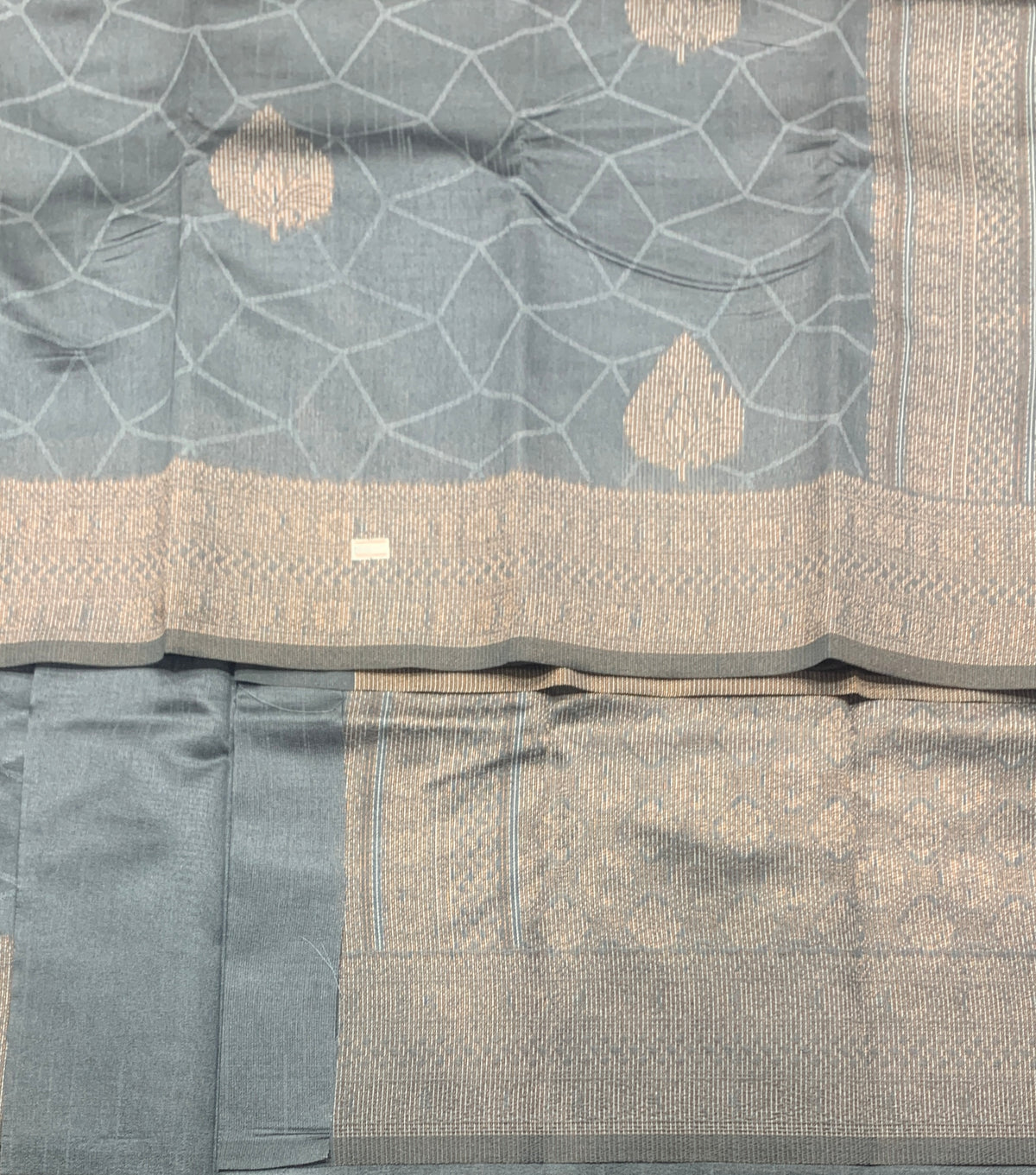 Jute Silk Saree – Grey with Leaf Butta and Zari Border