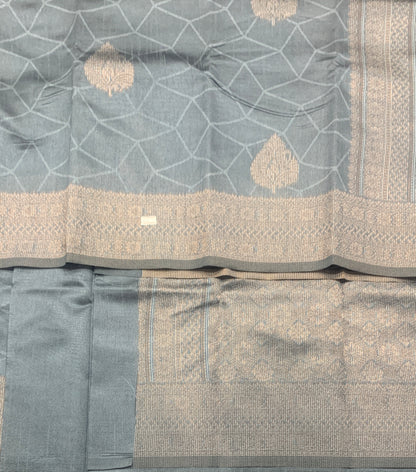 Jute Silk Saree – Grey with Leaf Butta and Zari Border