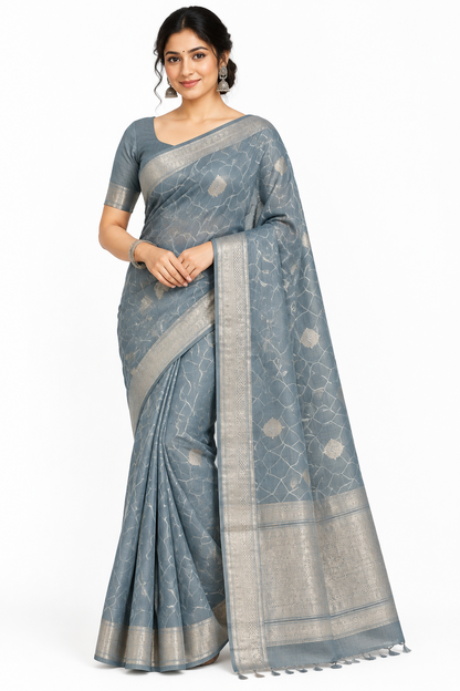 Jute Silk Saree – Grey with Leaf Butta and Zari Border