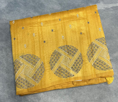 Mustard Yellow Tussar Saree with Embroidery Work Border