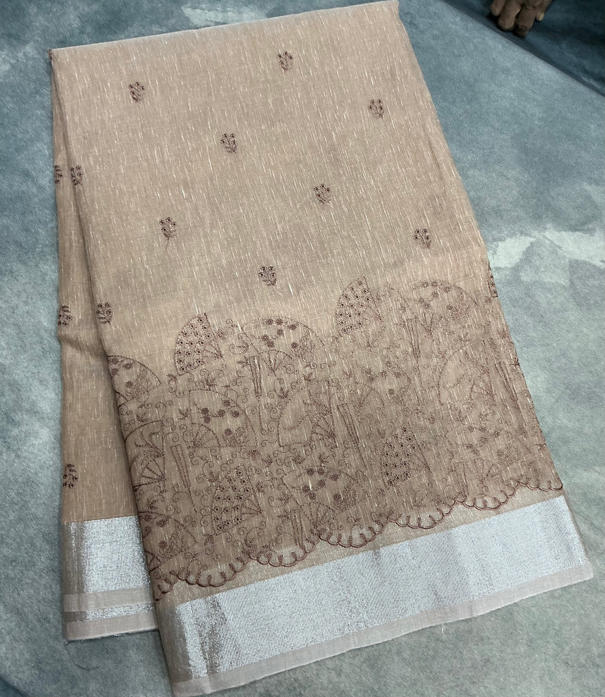 Silk Cotton Saree Brown Colour with Silver Zari Border