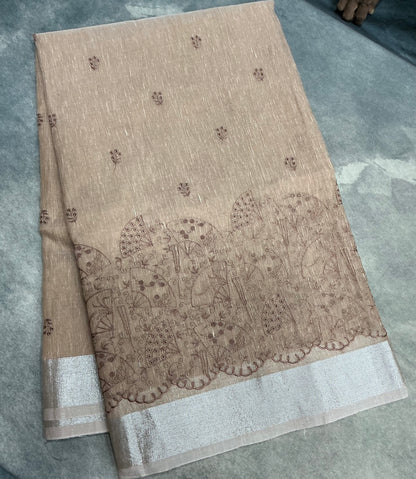 Silk Cotton Saree Brown Colour with Silver Zari Border