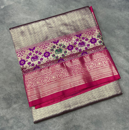 Gray Color Tissue Saree with contrast Pink Patola order