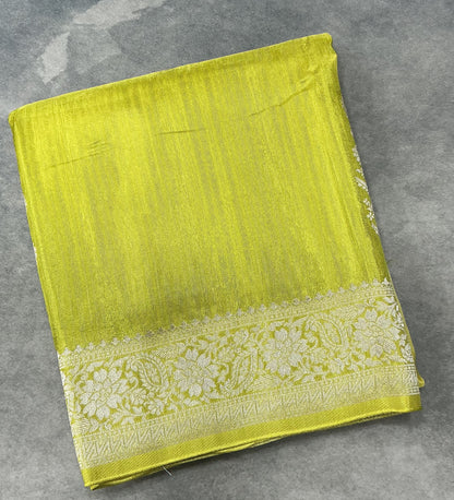 Semi Banarasi Saree Apple Green Color with Silver Zari Design Border