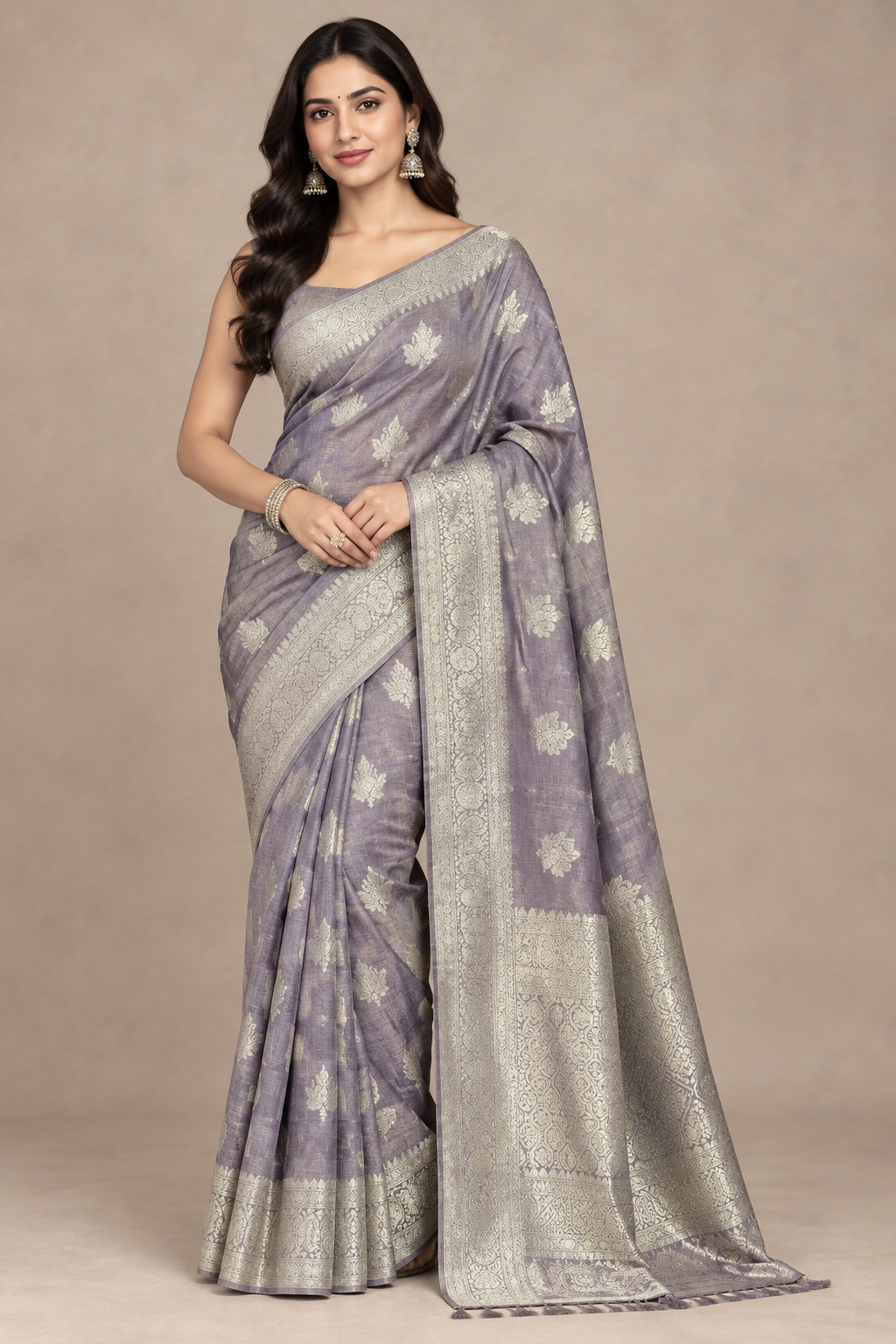 Katan Silk Saree Lavender Colour with Silver Zari Border