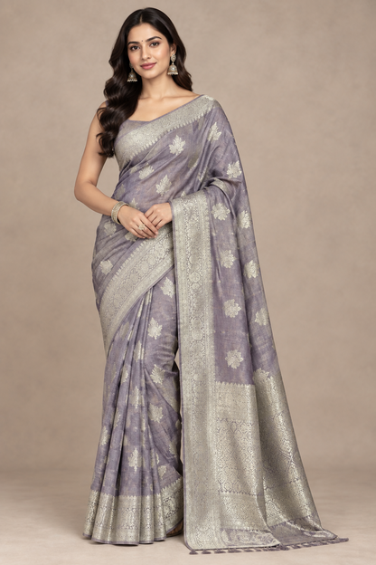 Katan Silk Saree Lavender Colour with Silver Zari Border
