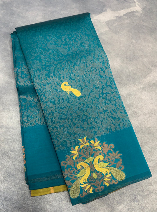 Rama Green Colour Semi Silk Saree with Peacock Motif