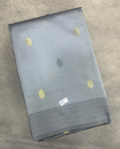 Semi Soft Silk Saree – Grey with Butta and Silver Zari Border