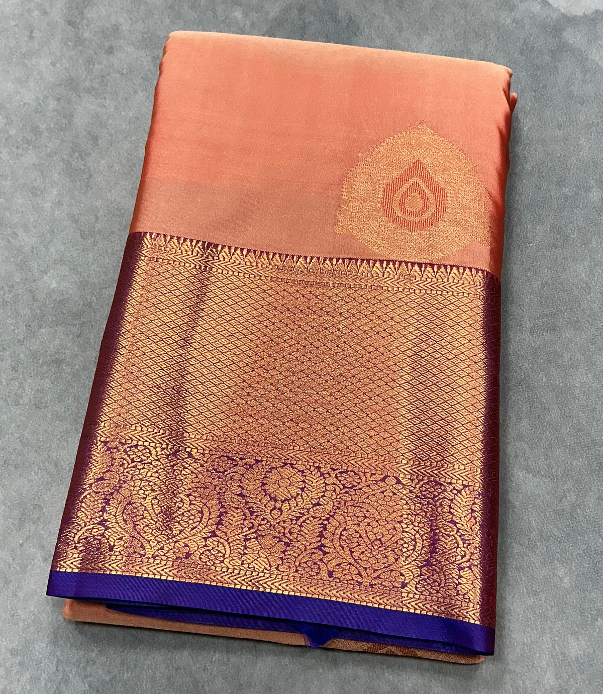 Peach Color Vegan Silk saree with Blue Colour with Floral Design border