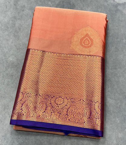 Peach Color Vegan Silk saree with Blue Colour with Floral Design border