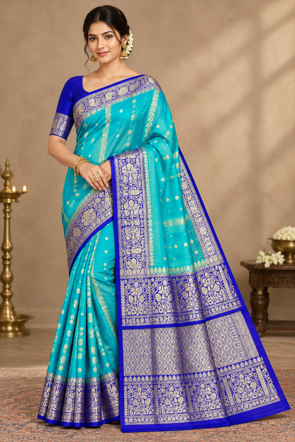 Sky Blue Colour Mysore Crepe Silk Saree with Blue Colour Border