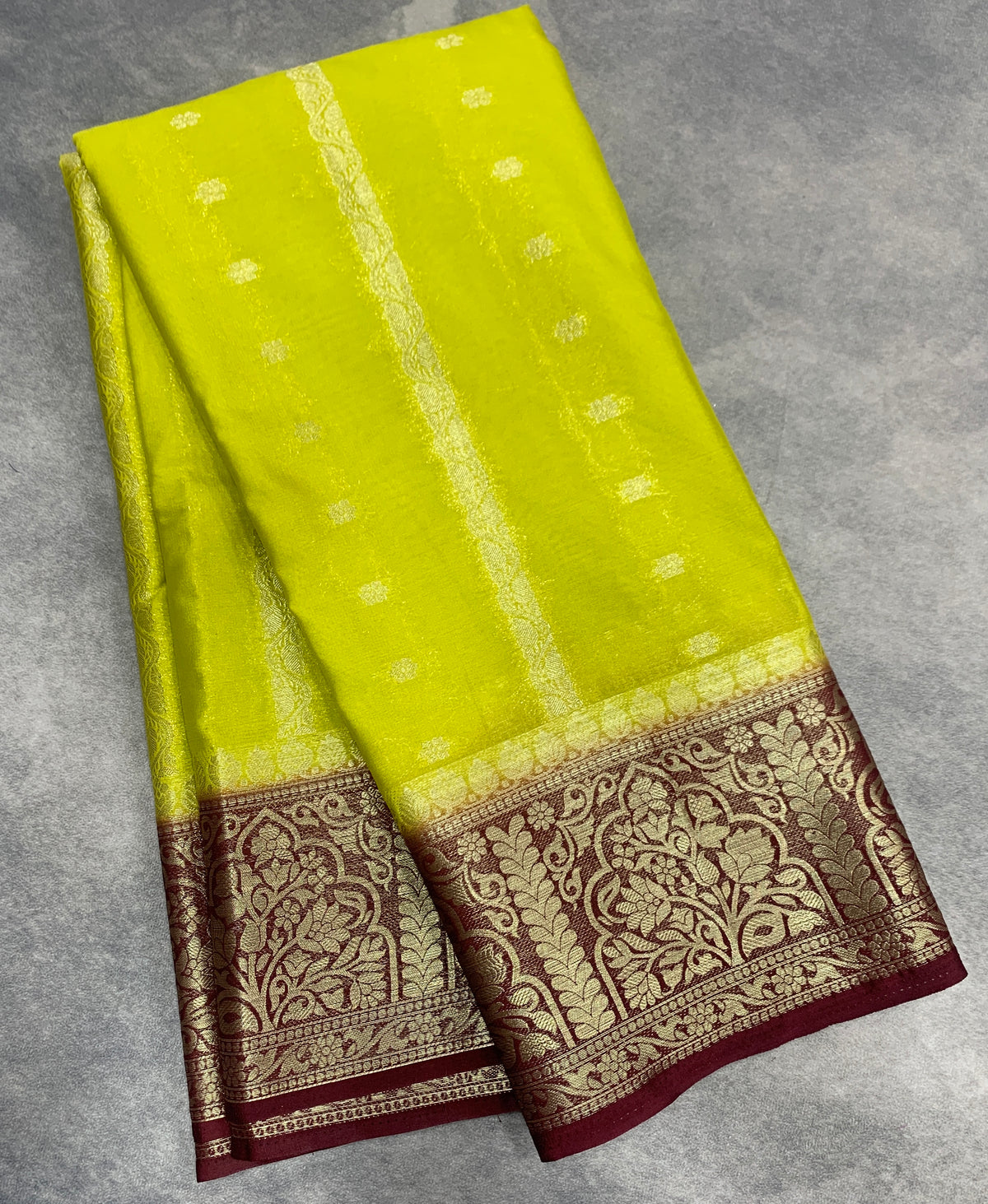 Lime Green Colour Mysore Crepe Silk Saree with Maroon Colour Border