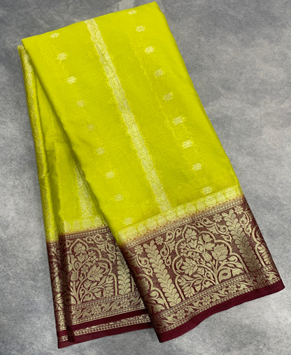 Lime Green Colour Mysore Crepe Silk Saree with Maroon Colour Border