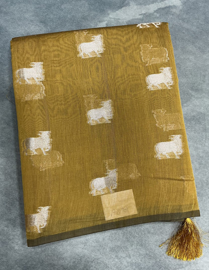Silk Cotton Saree Mustard Colour with Kamadhenu Butta