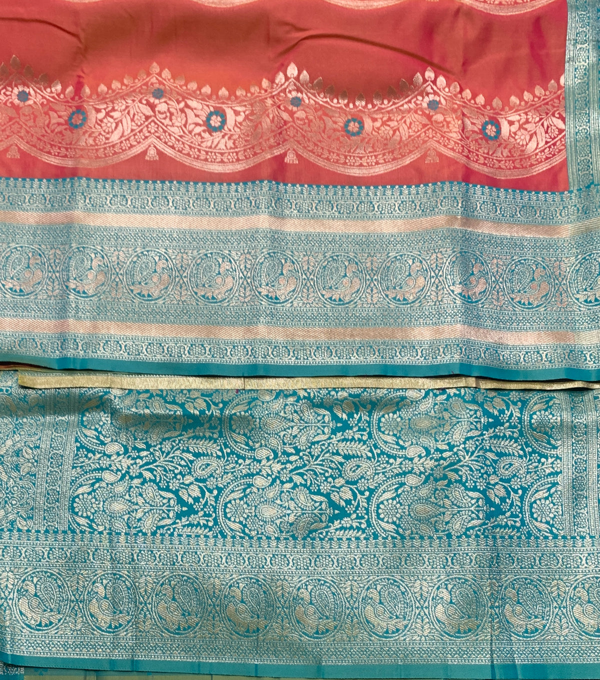 Orange Colour Satin Saree with Green Colour Ikat Border
