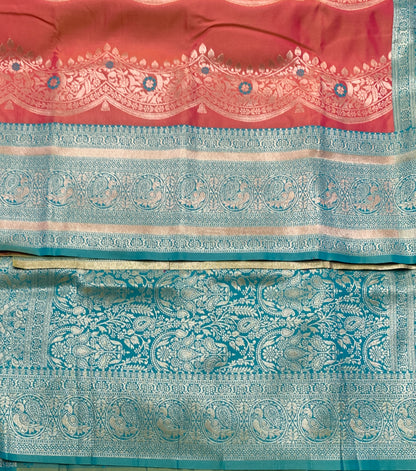 Orange Colour Satin Saree with Green Colour Ikat Border