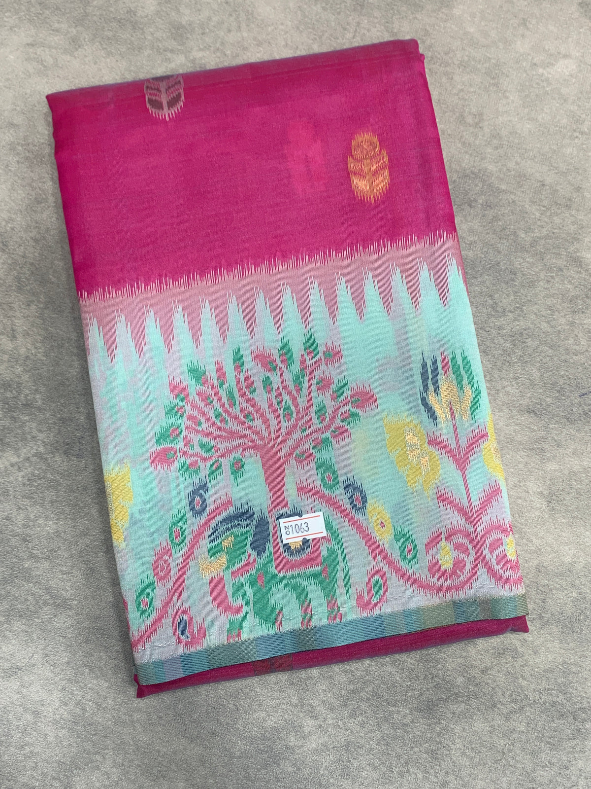Pink Colour Satin Saree with Light Green Colour Ikat Border